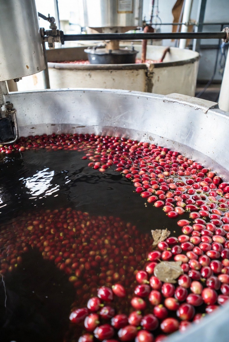 Freshly harvested coffee cherries floating in a water tank